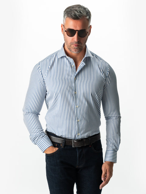 Camasa Bumbac Bărbați Office Alba În Dungi Subtiri Albastru Marine Smart Casual & Eleganta BMan0015 (4)