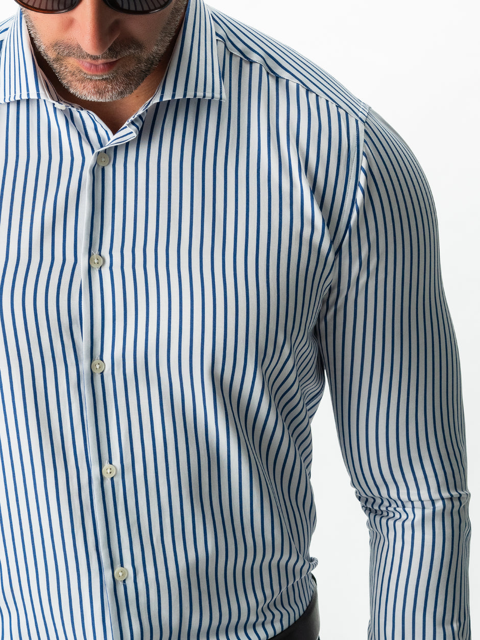 Camasa Bumbac Bărbați Office Alba În Dungi Subtiri Albastru Marine Smart Casual & Eleganta BMan0015 (8)