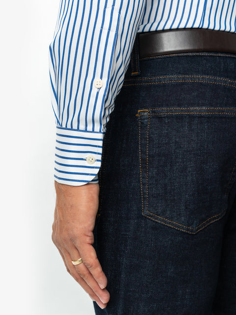 Camasa Bumbac Bărbați Office Alba În Dungi Subtiri Albastru Marine Smart Casual & Eleganta BMan0015 (5)