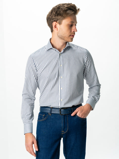 Camasa Bumbac Bărbați Office Alba În Dungi Subtiri Albastru Bleumarin Smart Casual & Eleganta BMan0015 (5)