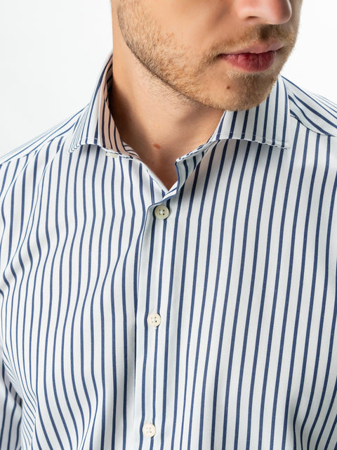 Camasa Bumbac Bărbați Office Alba În Dungi Subtiri Albastru Bleumarin Smart Casual & Eleganta BMan0015 (2)