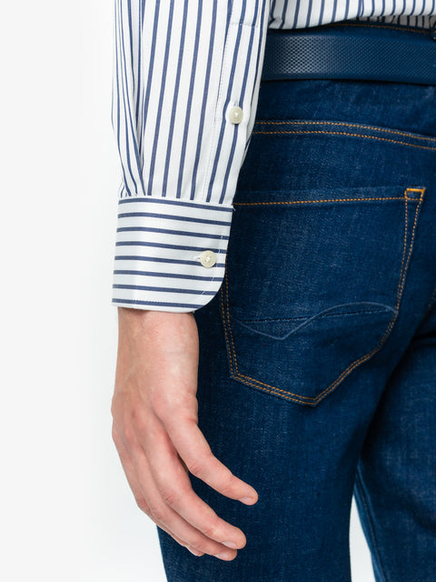 Camasa Bumbac Bărbați Office Alba În Dungi Subtiri Albastru Bleumarin Smart Casual & Eleganta BMan0015 (4)