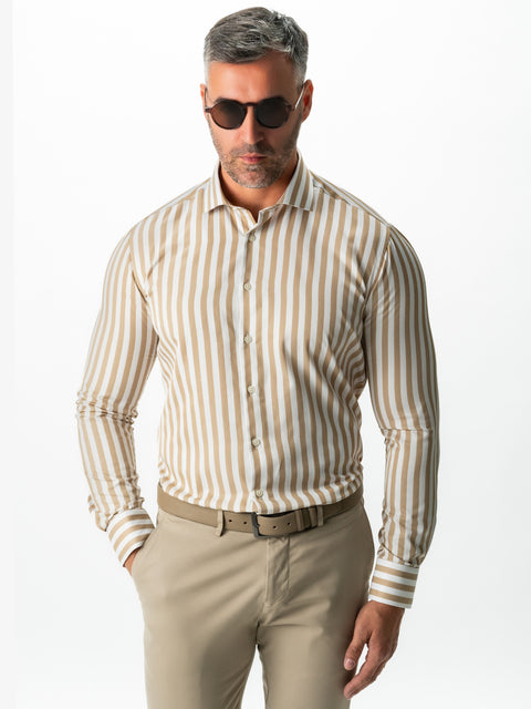 Camasa Bărbați Business Alba În Dungi Bej Smart Casual & Eleganta BMan0016 (4)