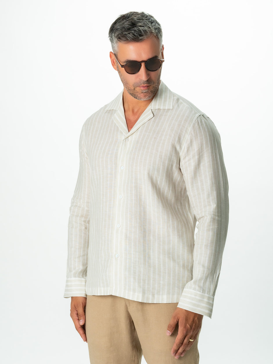 Camasa Crem In Dungi Din 100% In Natural Barbati Guler Camp Vara BMan0020 (4)