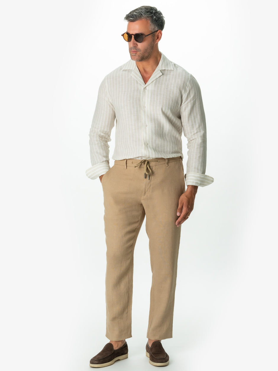 Camasa Crem In Dungi Din 100% In Natural Barbati Guler Camp Vara BMan0020 (2)