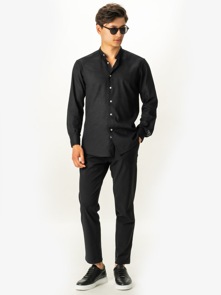 Camasa In Natural Barbati Neagra Guler Tunica De Vara BMan0009 (3)