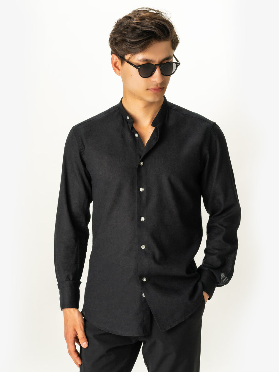 Camasa In Natural Barbati Neagra Guler Tunica De Vara BMan0009 (1)