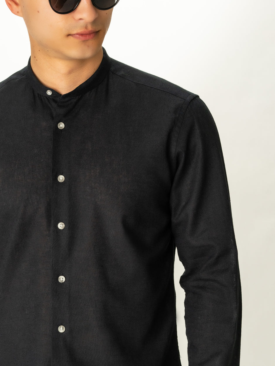 Camasa In Natural Barbati Neagra Guler Tunica De Vara BMan0009 (4)