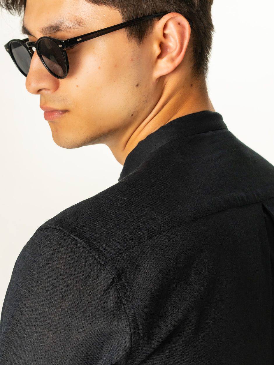 Camasa In Natural Barbati Neagra Guler Tunica De Vara BMan0009 (5)