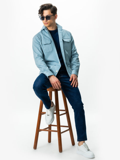 Jacheta Albastru Denim Tip Overshirt Camasa Safari Barbati Toamna & Iarna Din Bumbac BMan0038