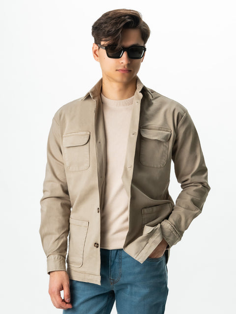 Jacheta Bej Tip Overshirt Camasa Safari Barbati Toamna & Iarna Din Bumbac BMan0038