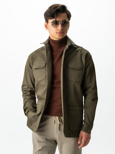 Jacheta Verde Kaki Tip Overshirt Camasa Safari Barbati Toamna & Iarna Din Bumbac BMan0038 (1)