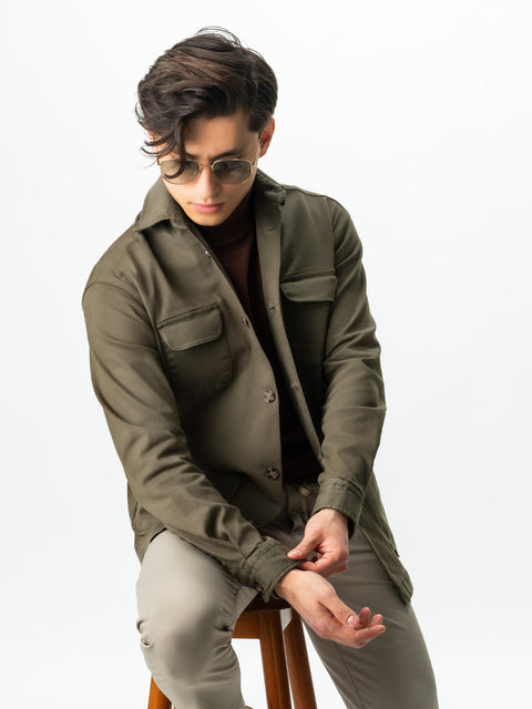 Jacheta Verde Kaki Tip Overshirt Camasa Safari Barbati Toamna & Iarna Din Bumbac BMan0038 (2)