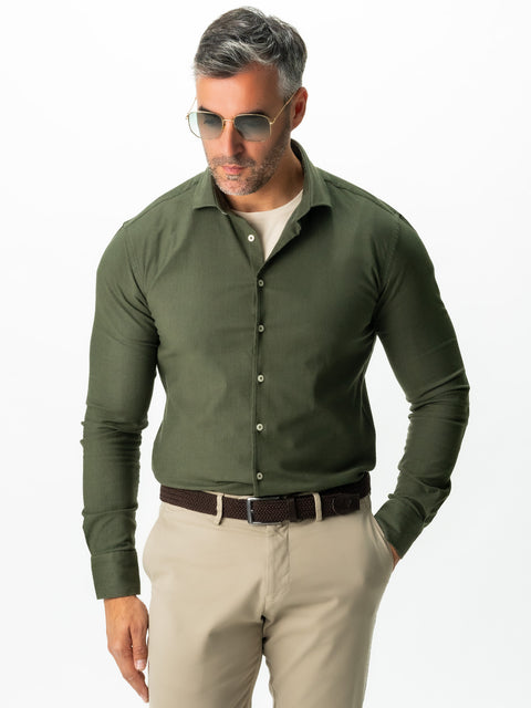 Camasa Bărbați Office & Smart Casual Verde Kaki Din Bombac Natural Tip Flanel BMan0037 (3)