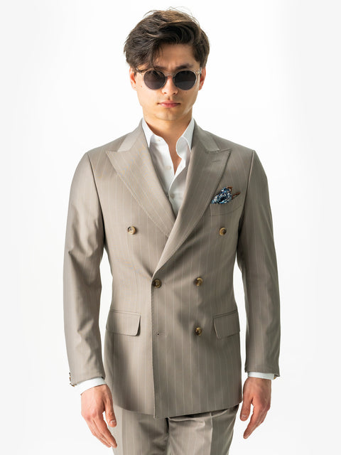 Costum Crem Bărbați Smart Casual În Dungi FIne La Două Randuri BMan0022 (3)