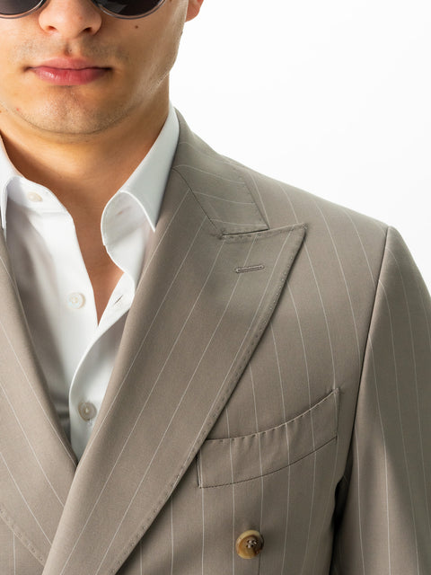 Costum Crem Bărbați Smart Casual În Dungi FIne La Două Randuri BMan0022 (6)