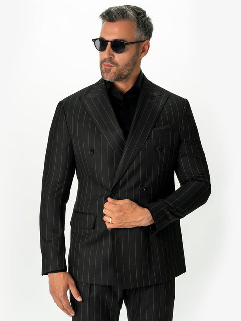 Costum Barbati Negru Elegant In Dungi La Doua Randuri BMan0022 (2)