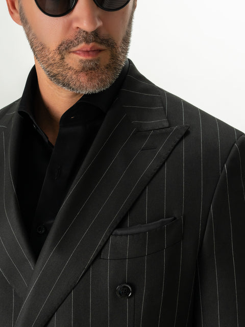 Costum Barbati Negru Elegant In Dungi La Doua Randuri BMan0022 (3)