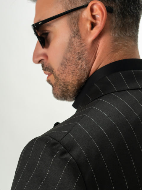 Costum Barbati Negru Elegant In Dungi La Doua Randuri BMan0022 (8)