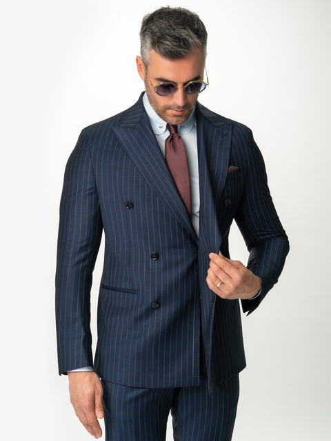 Costum Bărbați Bleumarin Elegant La Două Rânduri 100% Lana Finitura BMan0003 (4)