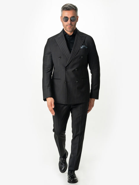 Costum Barbati Negru Dungi 100% Lana Vitale Barberis Super 100'S BMan0003