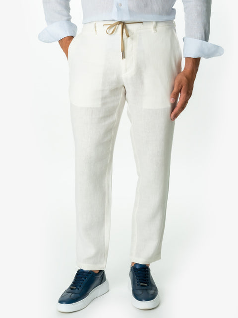 Pantaloni Albi Casual De Vara Cu Snur In Talie Barbati In Natural BMan714 (1)