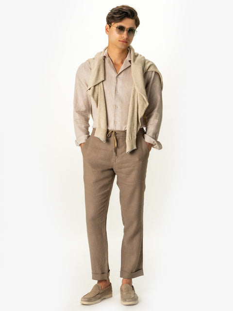 Pantaloni Casual Cu Snur Barbati Din In Natural 100% Bej De Vara BMan714 (3)
