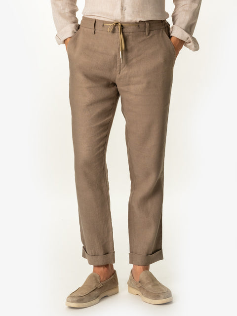 Pantaloni Casual Cu Snur Barbati Din In Natural 100% Bej De Vara BMan714 (1)