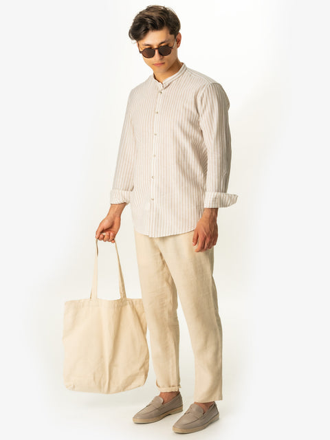 Pantaloni Casual Cu Snur Barbati Din In Natural 100% Crem De Vara BMan714 (3)