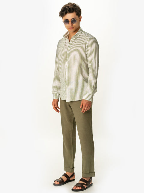 Pantaloni Casual Cu Snur Barbati Din In Natural 100% Verde Kaki De Vara BMan714 (2)