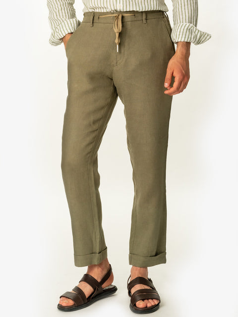 Pantaloni Casual Cu Snur Barbati Din In Natural 100% Verde Kaki De Vara BMan714 (10)