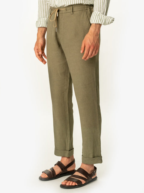 Pantaloni Casual Cu Snur Barbati Din In Natural 100% Verde Kaki De Vara BMan714 (1)