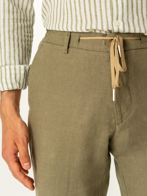 Pantaloni Casual Cu Snur Barbati Din In Natural 100% Verde Kaki De Vara BMan714 (3)
