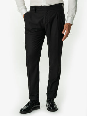 Pantaloni Eleganți Barbati Negri Cu Pens Design Gurkha Stofa Confort BMan703