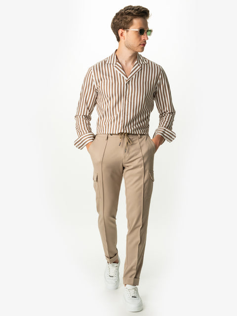 Pantaloni Bej Cargo Premium Barbati Flexo Cu Snur Din Stofa Elastica BMan715 (7)