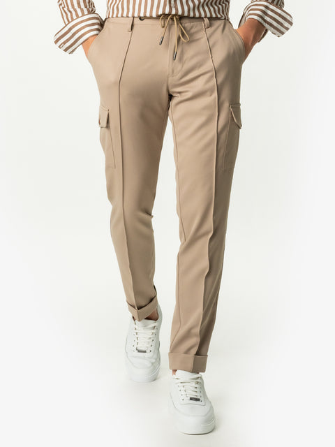 Pantaloni Bej Cargo Premium Barbati Flexo Cu Snur Din Stofa Elastica BMan715 (1)