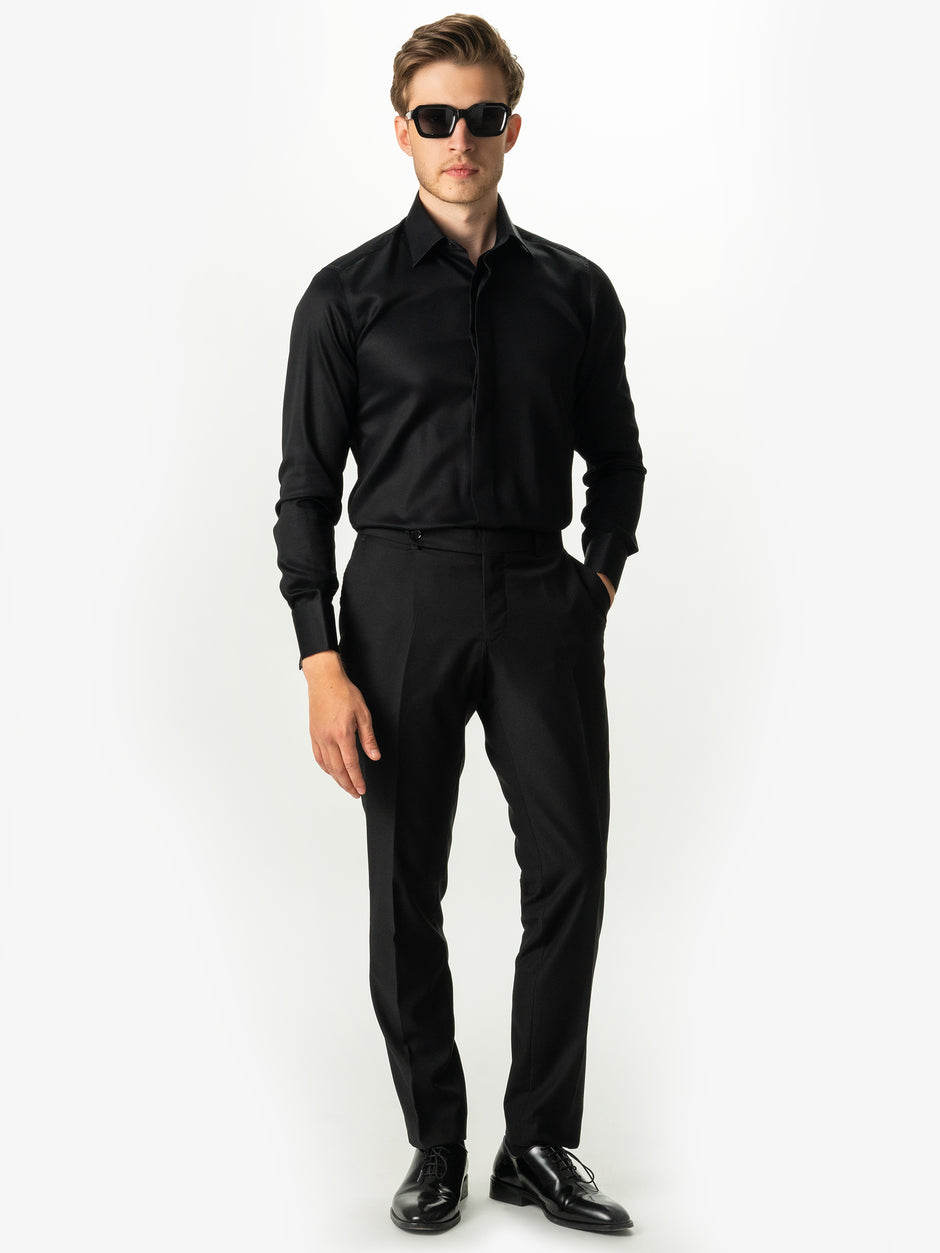 Pantaloni Negri Eleganți Barbati Din Stofa De Lana Sarto All Season BMan700 (3)