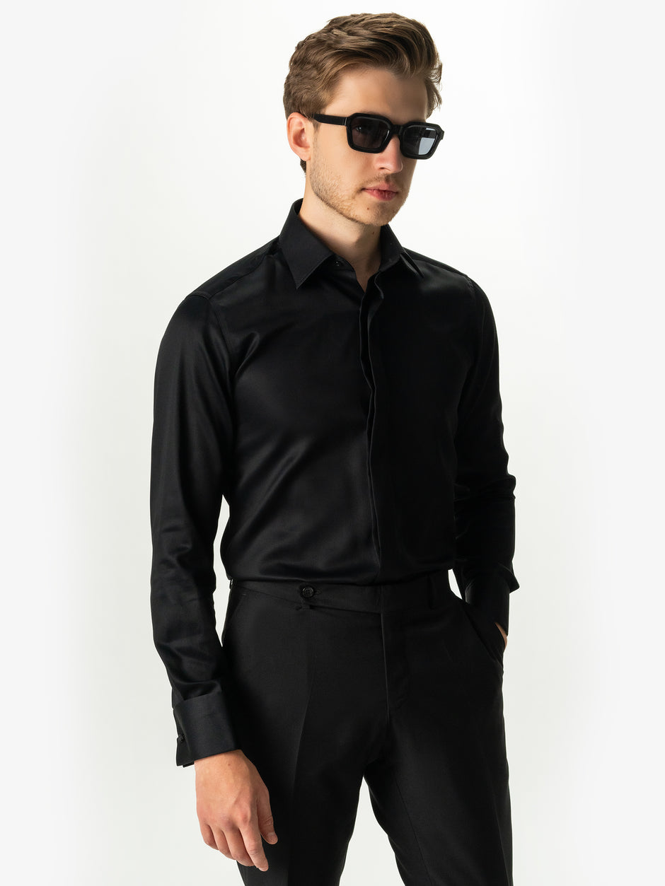 Pantaloni Negri Eleganți Barbati Din Stofa De Lana Sarto All Season BMan700 (5)