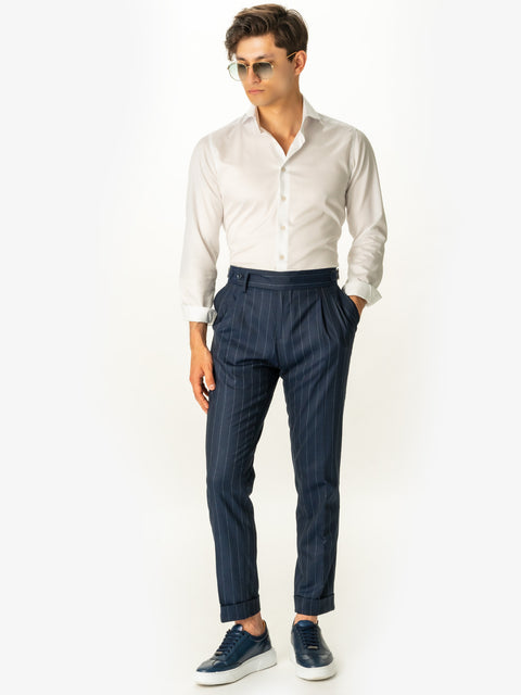 Pantaloni Bleumarin Barbati Gurkha Cu Pebse In Dungi Fine Albe Smart Casual BMan701 (4)