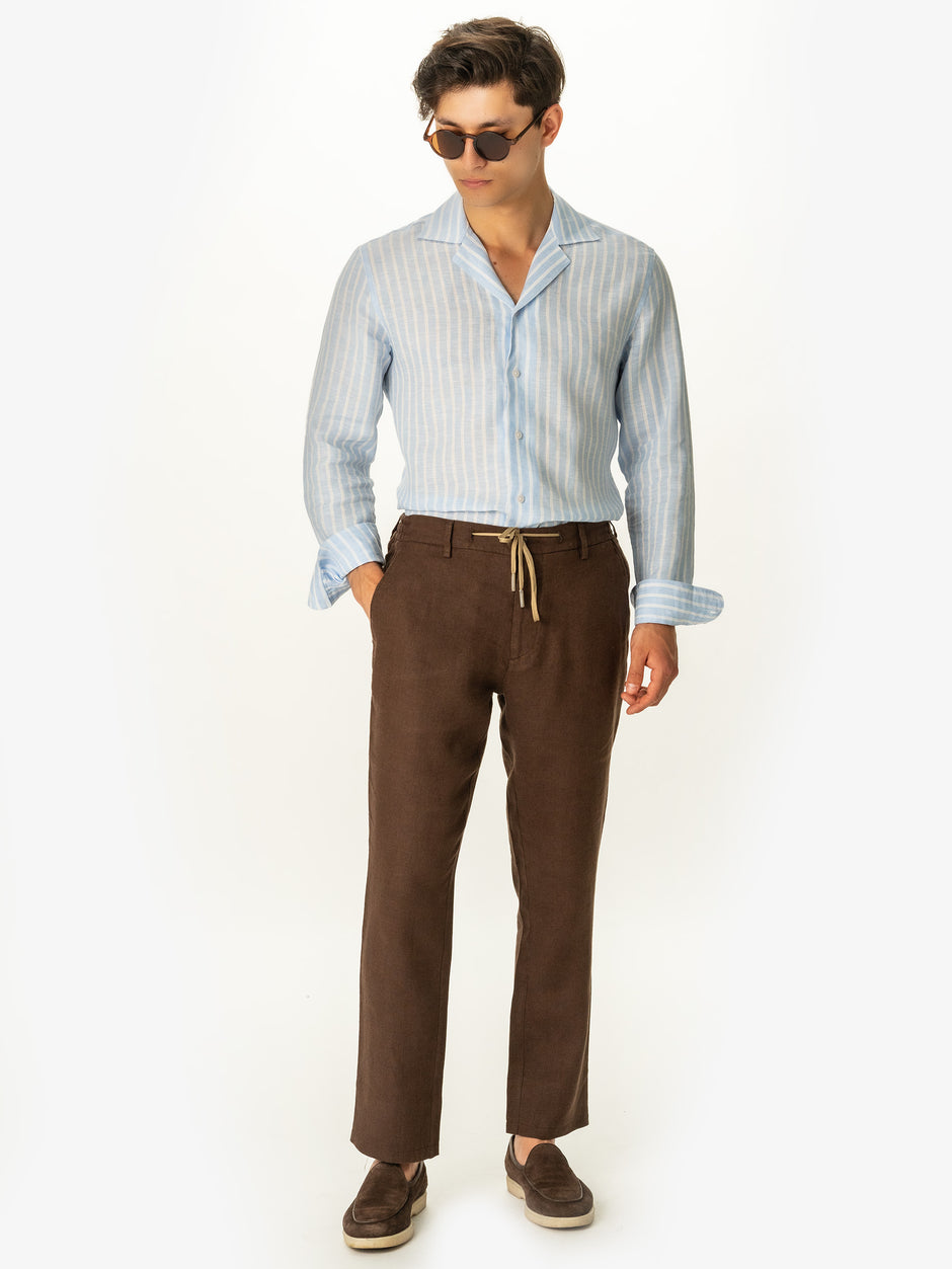 Pantaloni Casual Cu Snur In Talie Vara Barbati In Natural Maro Cafeniu BMan714 (3)