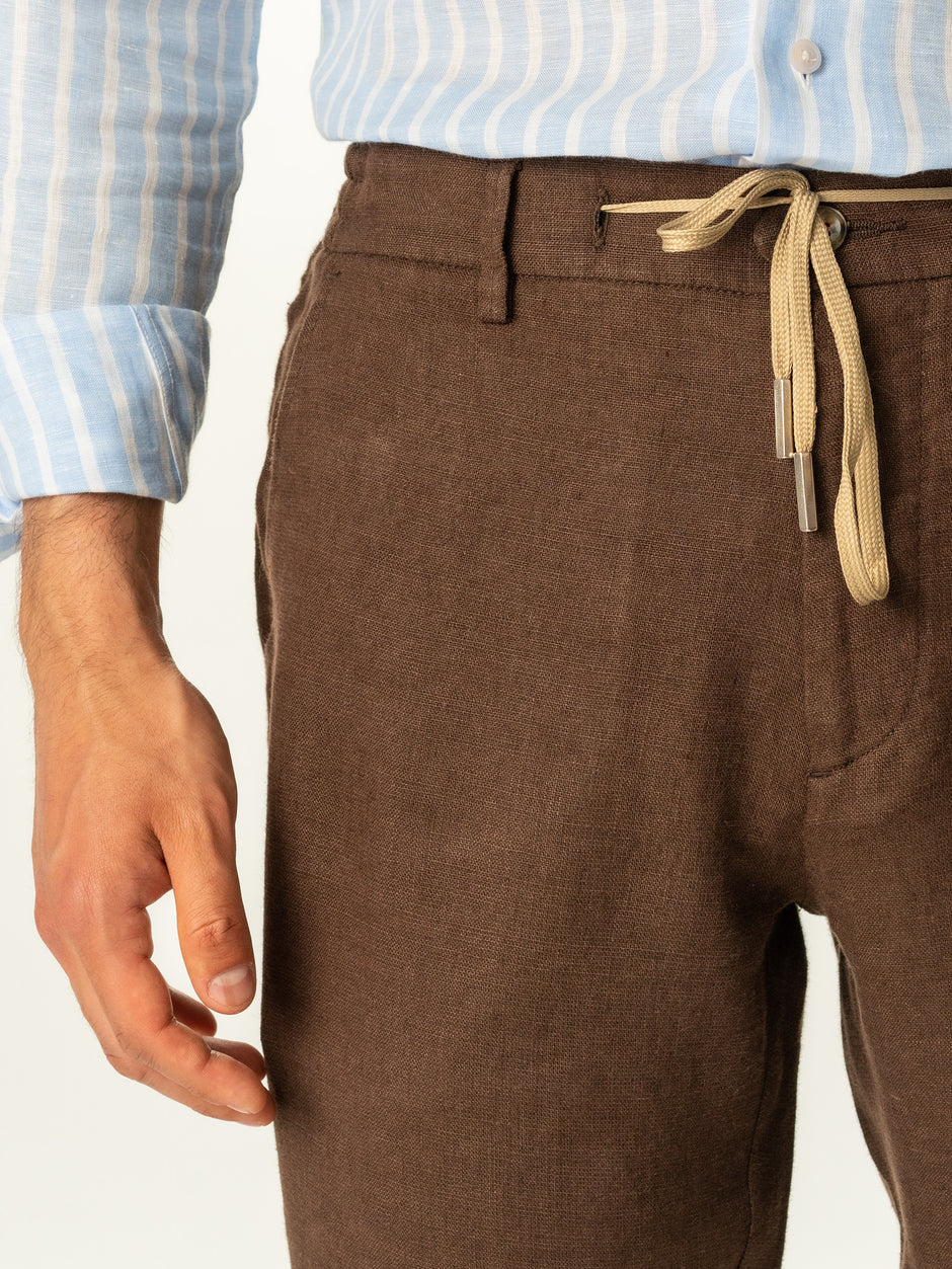 Pantaloni Casual Cu Snur In Talie Vara Barbati In Natural Maro Cafeniu BMan714 (2)
