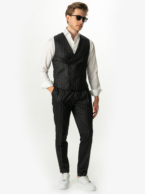 Pantaloni Barbati Design Gurkha Negru Cu Dungi Fine Albe Smart Casual BMan701