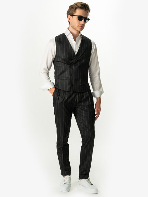 Pantaloni Barbati Design Gurkha Negru Cu Dungi Fine Albe Smart Casual BMan701 (1)