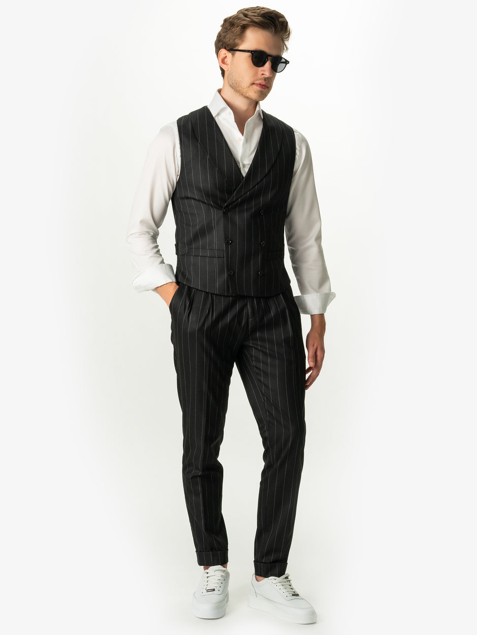 Pantaloni Barbati Design Gurkha Negru Cu Dungi Fine Albe Smart Casual BMan701 (1)