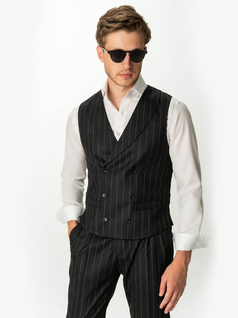 Pantaloni Barbati Design Gurkha Negru Cu Dungi Fine Albe Smart Casual BMan701 (5)