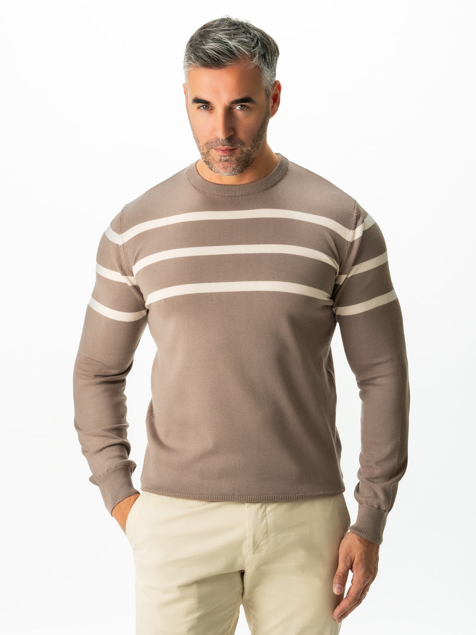 Pulover Casual Barbati Bej In Dungi Crem Bumbac Levent Cottone BMan0012 (1)