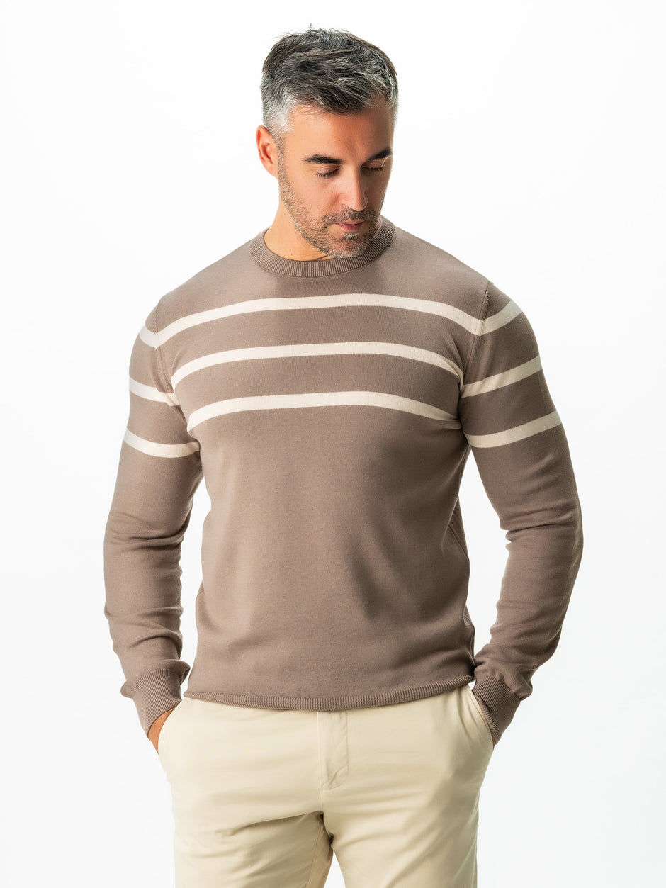 Pulover Casual Barbati Bej In Dungi Crem Bumbac Levent Cottone BMan0012 (3)