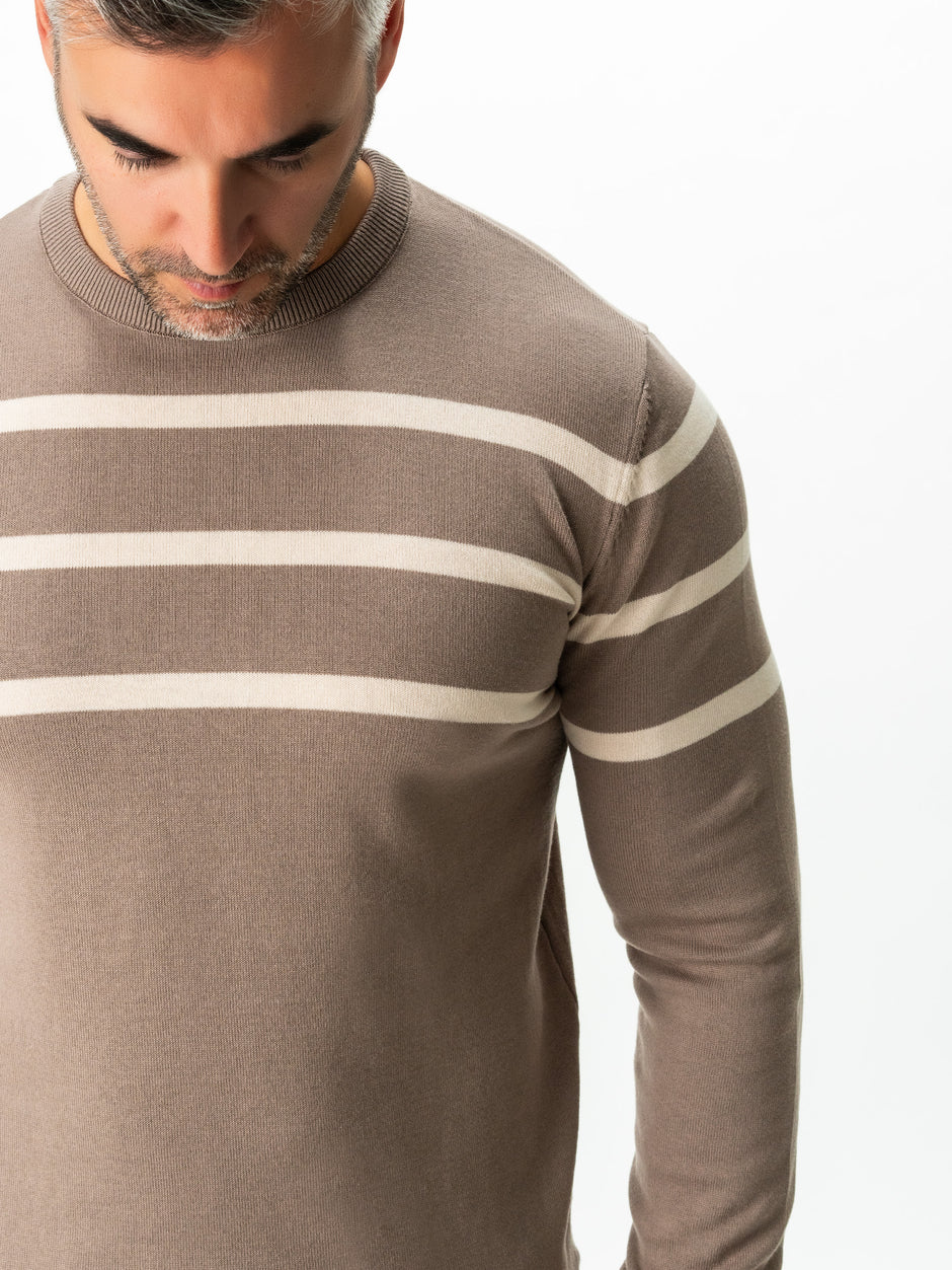 Pulover Casual Barbati Bej In Dungi Crem Bumbac Levent Cottone BMan0012 (9)
