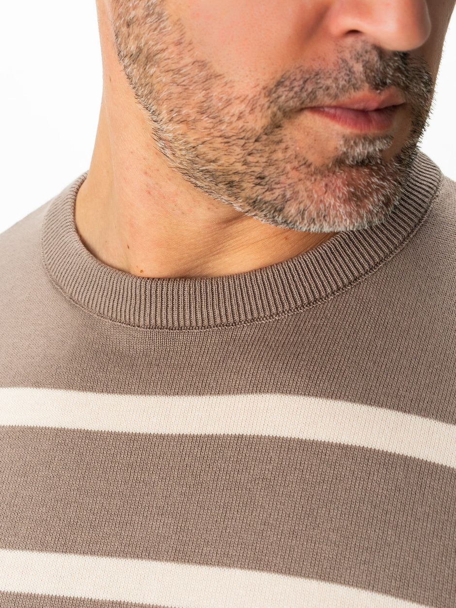 Pulover Casual Barbati Bej In Dungi Crem Bumbac Levent Cottone BMan0012 (2)