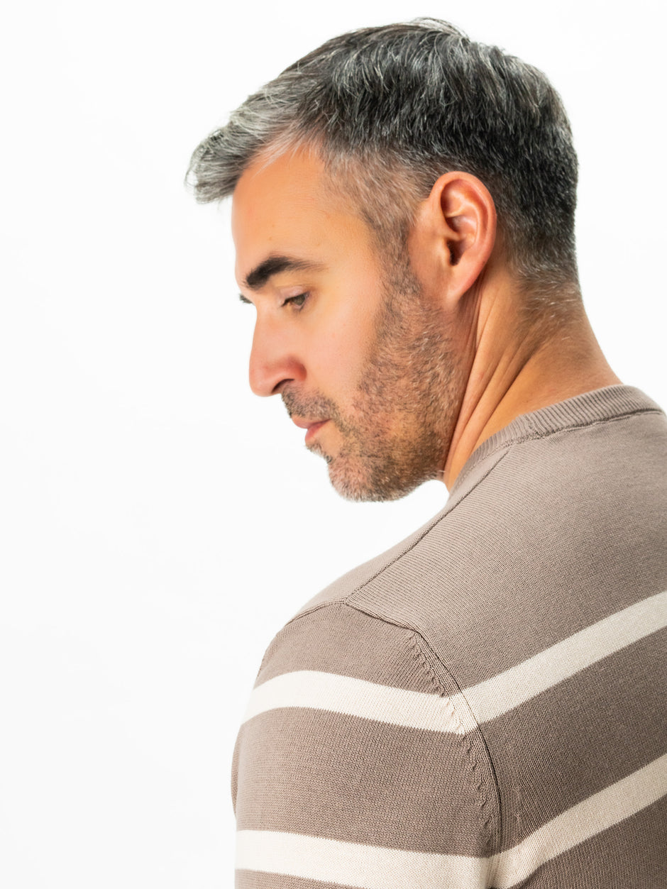 Pulover Casual Barbati Bej In Dungi Crem Bumbac Levent Cottone BMan0012 (4)